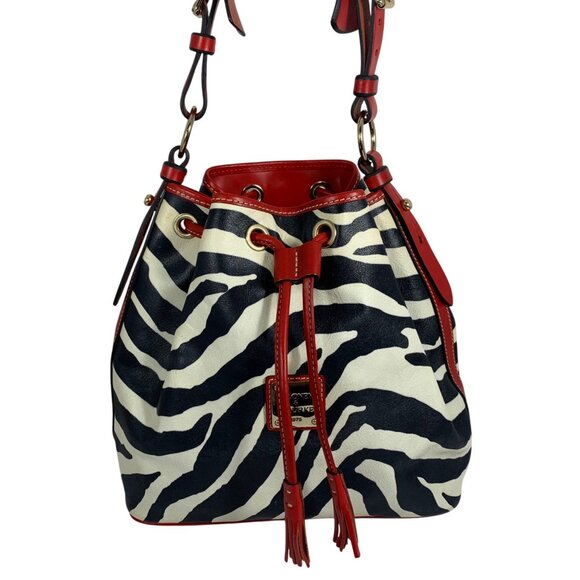 DOONEY BOURKE Zebra Drawstring Bucket Bag Red Leather Trim Buckle Strap EUC - Picture 2 of 15